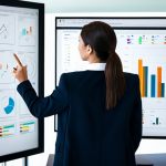 A professional female data analyst, fully clothed in a modest, dark business suit, stands confidently beside a large, sleek interactive display in a modern, well-lit office environment. Her right hand gestures towards the screen, which visually demonstrates the transformation of complex, cluttered raw data into simplified, elegant, and crystal-clear data visualizations, such as clean line graphs, precise bar charts, and easily understandable pie charts, highlighting the beauty of clarity. The background shows a collaborative workspace with subtle tech elements. Perfect anatomy, correct proportions, natural pose, well-formed hands, proper finger count, natural body proportions. Professional photography, high quality, safe for work, appropriate content, fully clothed, professional dress, family-friendly.
