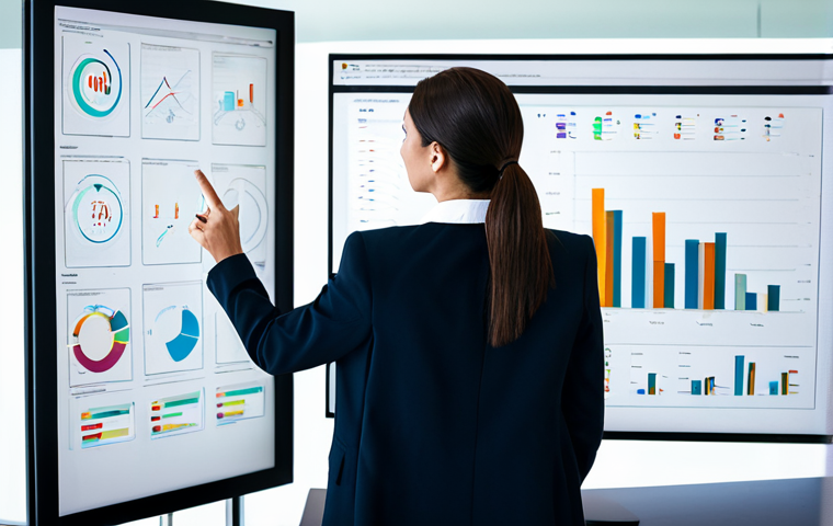 A professional female data analyst, fully clothed in a modest, dark business suit, stands confidently beside a large, sleek interactive display in a modern, well-lit office environment. Her right hand gestures towards the screen, which visually demonstrates the transformation of complex, cluttered raw data into simplified, elegant, and crystal-clear data visualizations, such as clean line graphs, precise bar charts, and easily understandable pie charts, highlighting the beauty of clarity. The background shows a collaborative workspace with subtle tech elements. Perfect anatomy, correct proportions, natural pose, well-formed hands, proper finger count, natural body proportions. Professional photography, high quality, safe for work, appropriate content, fully clothed, professional dress, family-friendly.