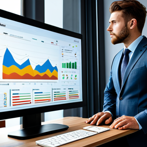 Home 9 A professional business analyst, fully clothed in a modest business suit, stands confidently in a modern, sunlit office. They are looking at a large, interactive data visualization dashboard displayed on a transparent screen, pointing to a complex but clearly understood chart revealing hidden market trends. The analyst's posture is natural and engaged, conveying deep understanding and expertise. Perfect anatomy, correct proportions, well-formed hands, natural body proportions. Safe for work, appropriate content, professional, high quality professional photography.