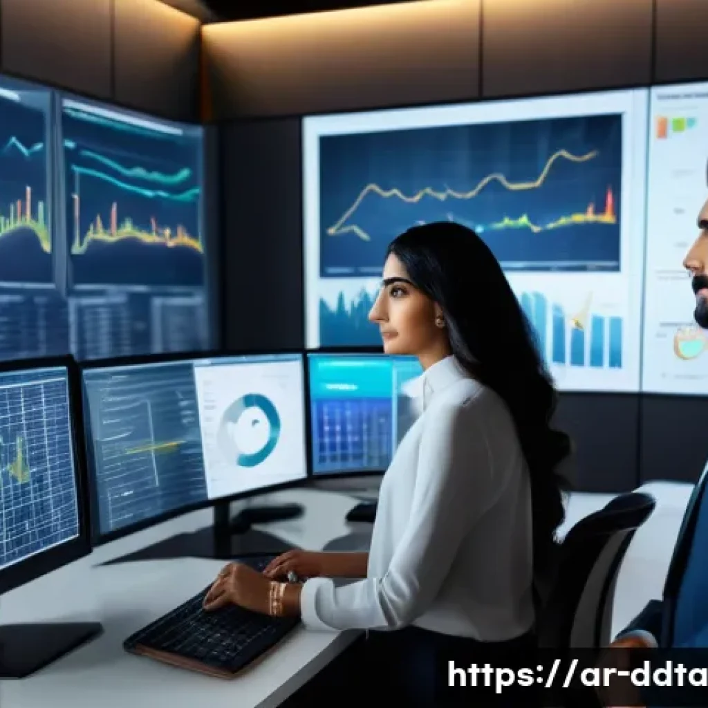 데이터 시각화를 위한 API 활용법 - A modern Middle Eastern office environment with diverse Arab professionals collaboratively analyzing...