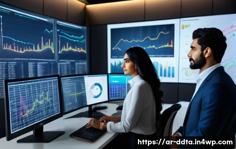 데이터 시각화를 위한 API 활용법 - A modern Middle Eastern office environment with diverse Arab professionals collaboratively analyzing...