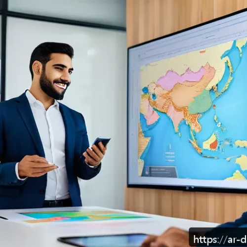 데이터 시각화 도구의 사용자 리뷰 - A modern office setting with diverse Arab professionals collaborating around a large touchscreen dis...