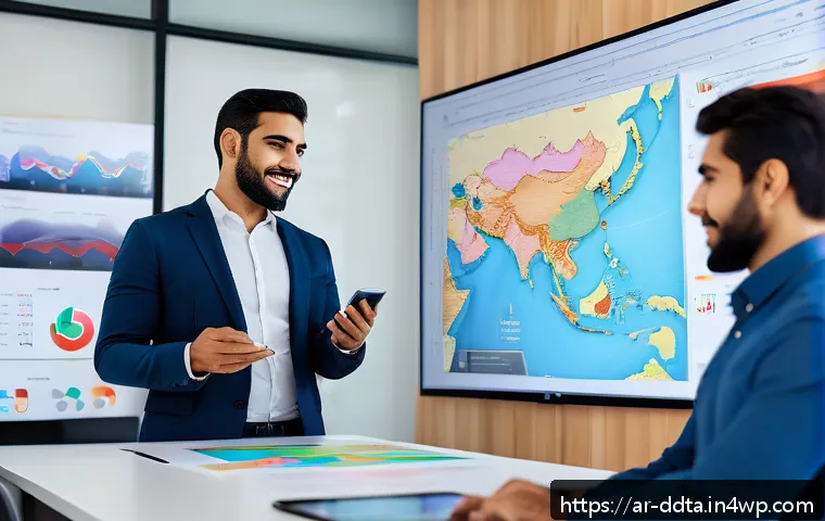 데이터 시각화 도구의 사용자 리뷰 - A modern office setting with diverse Arab professionals collaborating around a large touchscreen dis...