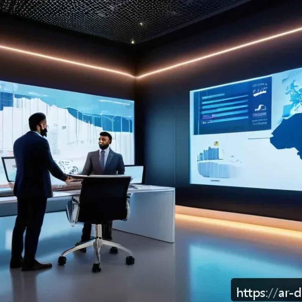 데이터 시각화의 트렌드와 변화 - A modern Middle Eastern office setting showcasing diverse Arab professionals using advanced AI-power...