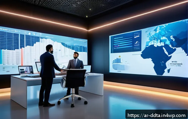 데이터 시각화의 트렌드와 변화 - A modern Middle Eastern office setting showcasing diverse Arab professionals using advanced AI-power...