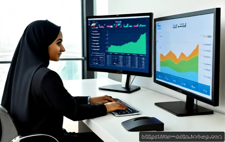 Home 17 플랫폼 별 데이터 시각화 도구 추천 - Photorealistic modern office in Dubai, a modest Arab business analyst wearing professional attire co...