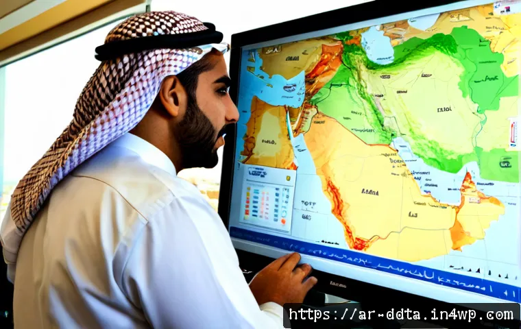 공공 데이터 시각화를 위한 도구 추천 - Photorealistic modern civic analytics workspace in a Gulf Arab city, Arab data analyst in modest pro...