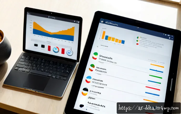 온라인 데이터 시각화 도구 리스트 - Photorealistic overhead view of a modern Arabic professional workspace, a tablet and laptop displayi...